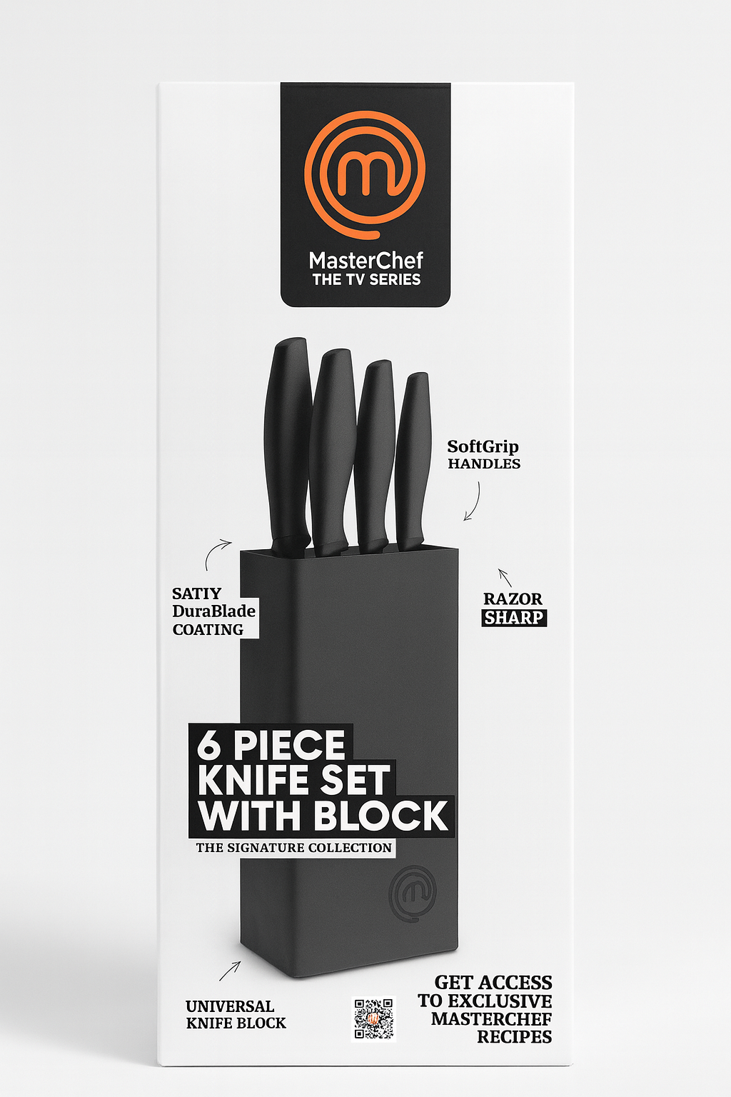 MasterChef Signature Collection – 6-Piece Knife Set with Universal Block (Black)