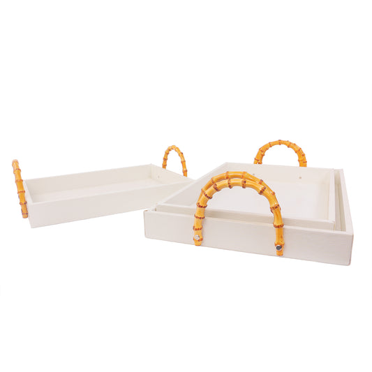 Youlike Gift Set of 3 Vegan Crocodile Leather Decorative Trays with Bamboo Handles