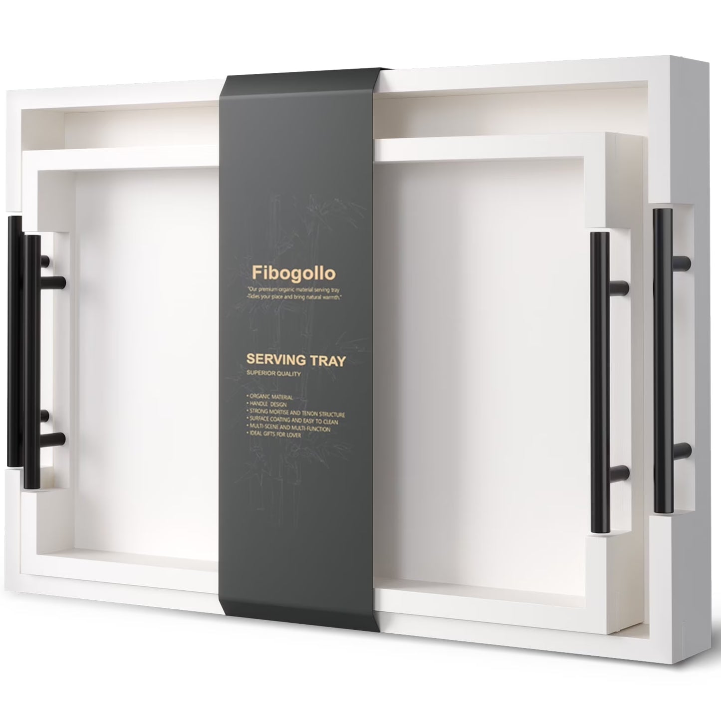 Fibogollo Bamboo Serving Tray with Metal Handles